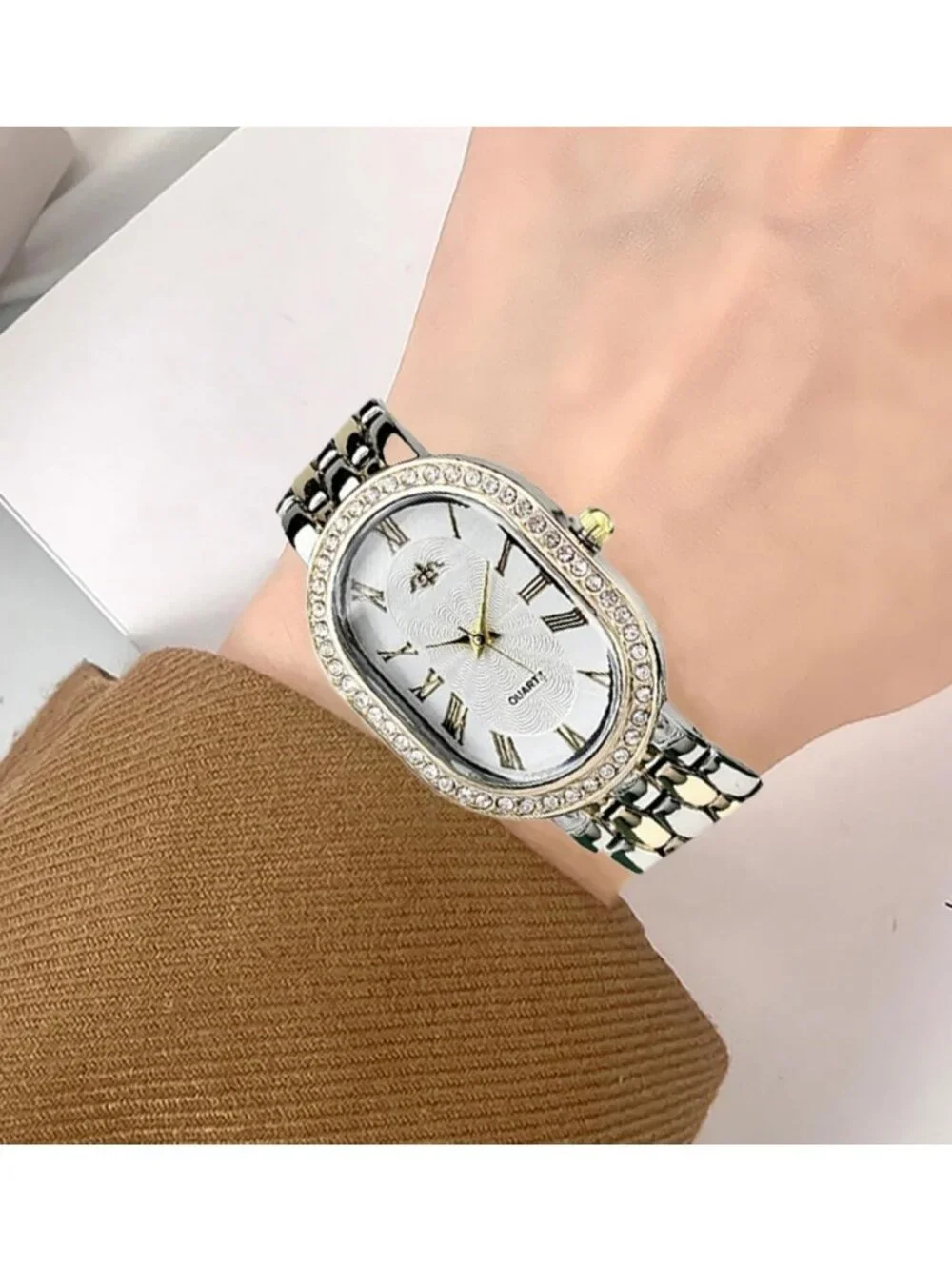 Women's Two-Tone Vintage Rome Oval Case Adjustable Stainless Steel Analog Watch